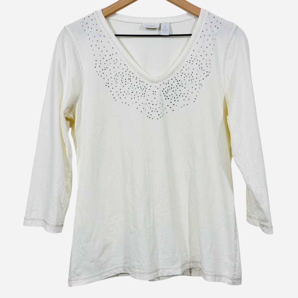 Chicos Cream Rhinestone Embellished Bling Top Size 1 M 3/4 Sleeve Cotton Casual
